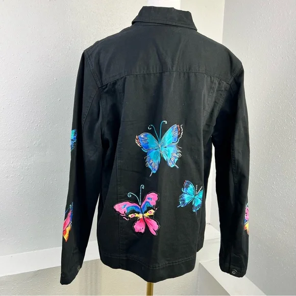 Easy Spirit 100% Cotton Black Button Up Breaded Butterfly Jacket Women’s Size L - Picture 5 of 14